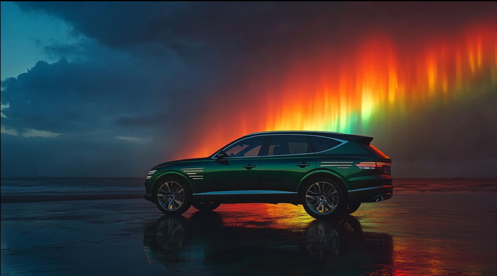 Midjourney generated image of the Genesis GV80 with a rainbow aurora behind it. Storm clouds in the background.